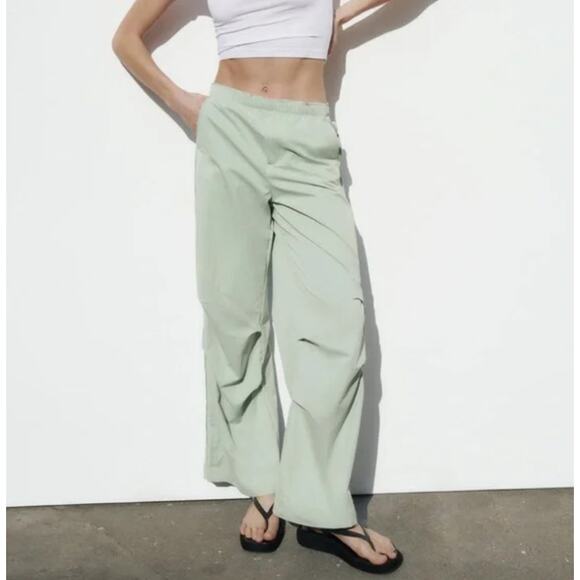 Zara Nylon Blend Full Length Pants Light Green High Rise Size Large wide leg - Picture 1 of 9